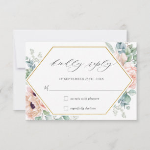 Blush Floral Poppy Rose Greenery Gold Wedding  RSVP Card