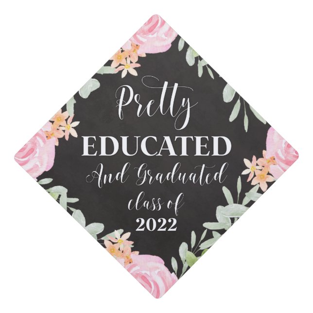 Blush Floral Pretty Educated and Graduated Graduation Cap Topper (Front)