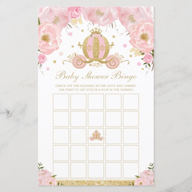 Blush Floral Princess Baby Shower Bingo Game (Front)
