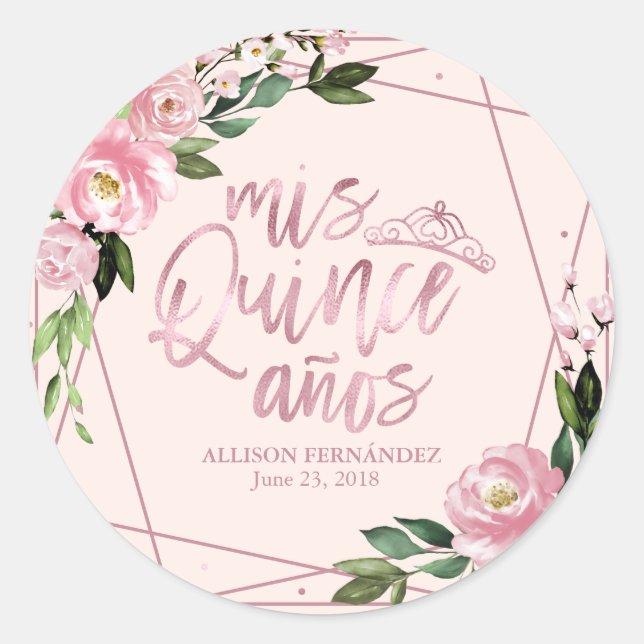 Blush Floral Quinceanera Classic Round Sticker (Front)