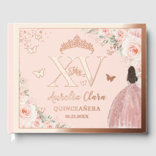 Blush Floral Quinceañera Quince 15 XV Rose Gold Guest Book