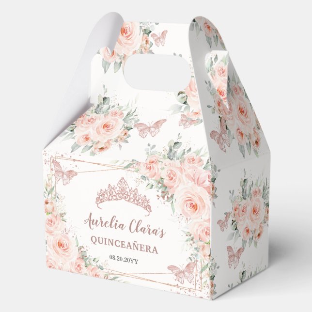 Blush Floral Rose Butterflies Quince XV Birthday Favor Box (Front)