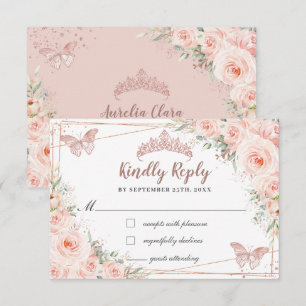 Blush Floral Rose Gold Butterfly Quinceañera Reply RSVP Card