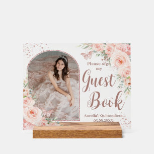Blush Floral Rose Gold Quinceanera 16 Guest Book Acrylic Sign
