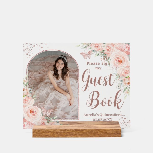 Blush Floral Rose Gold Quinceanera 16 Guest Book  Acrylic Sign (Front)