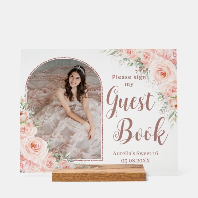 Blush Floral Rose Gold Quinceanera 16 Guest Book  Acrylic Sign (Front)