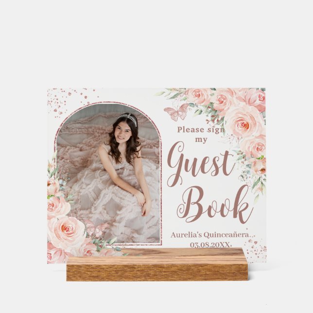 Blush Floral Rose Gold Quinceanera 16 Livre d'hôte (Recto)