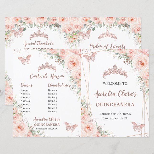 Blush Floral Rose Gold Quinceanera Events Program (Front/Back)