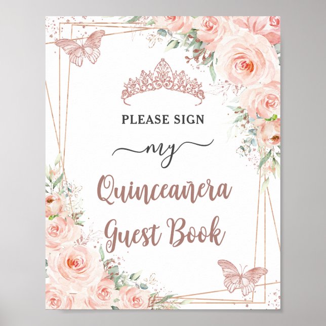 Blush Floral Rose Gold Quinceanera Guest Book Sign (Front)
