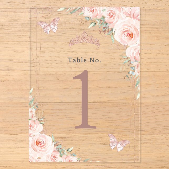 Blush Floral Rose Gold Quinceanera XV Table Number (Front)