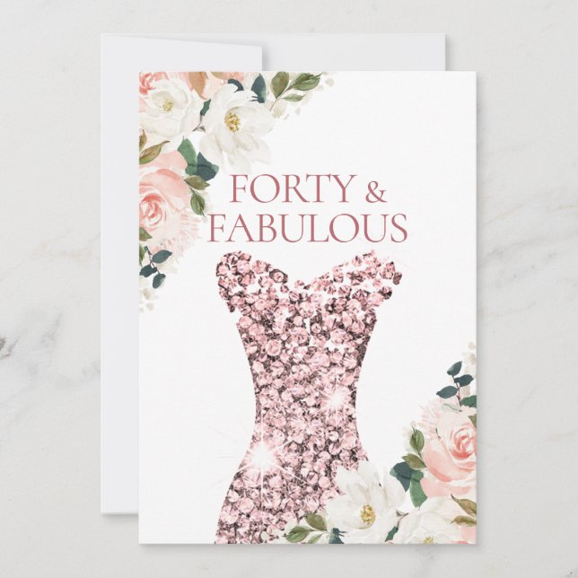 Blush Floral Rose Gold Sparkle Dress 40th Birthday Invitation (Front)