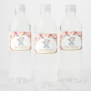 Blush Floral Roses Cute Elephant Baby Shower  Water Bottle Label