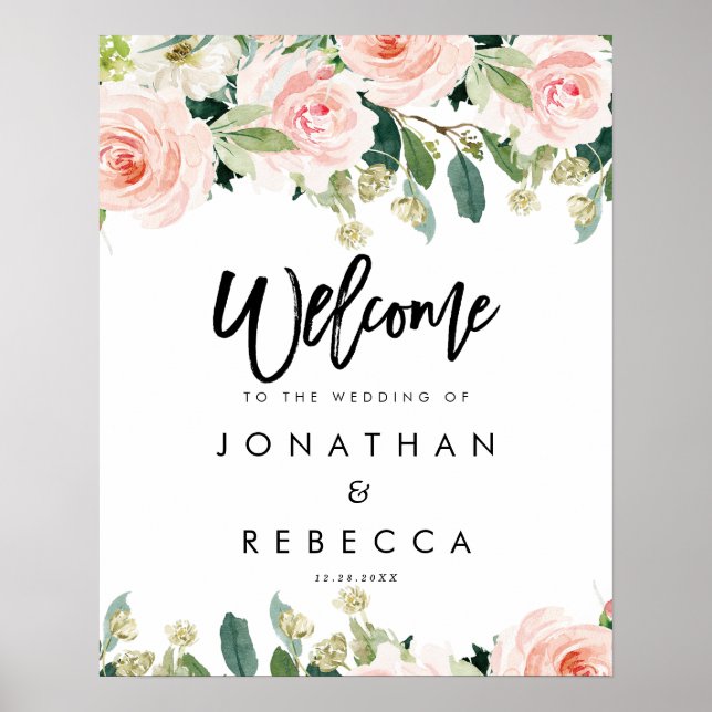 blush floral roses wedding welcome sign poster (Front)