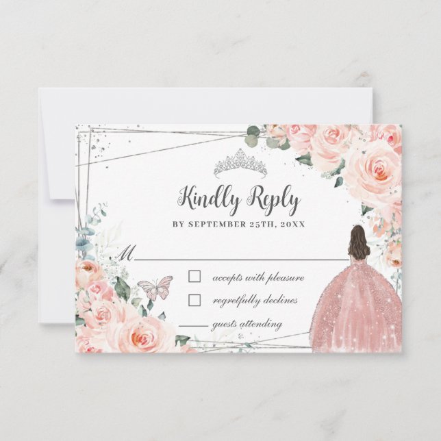 Blush Floral Silver QUINCEAÑERA Dress Butterflies RSVP Card (Front)