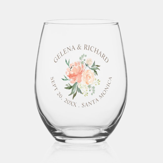 Blush Floral Spring Wedding Stemless Wine Glass (Front)