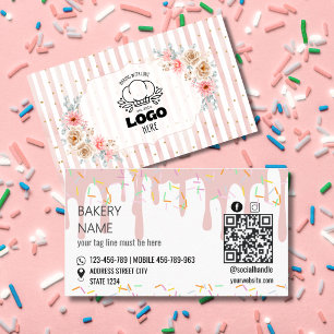 Blush floral stripes Cute Bakery logo Business Card