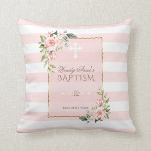 Blush Floral Stripes Gold Frame Baptism Monogram Throw Pillow