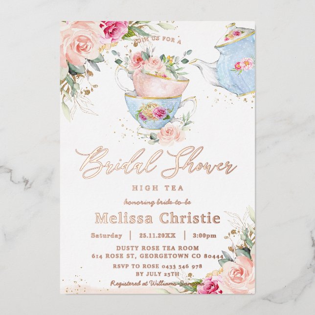 Blush Floral Tea Party Bridal Shower Rose Gold (Front)