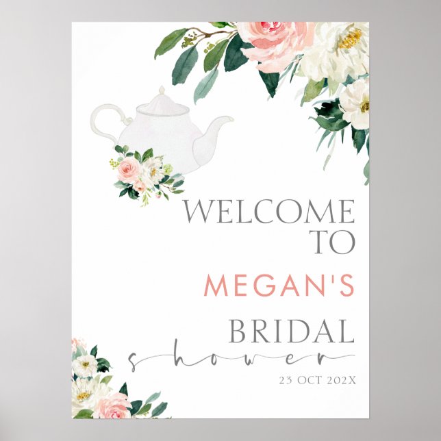 Blush Floral Tea Party Bridal Shower Welcome Sign (Front)