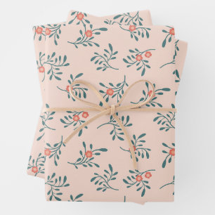 Blush Floral Teal Botanical Pattern Wrapping Paper Sheet