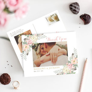 Blush Floral Thank You Wedding Photo Postcard