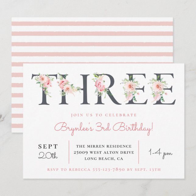 Blush Floral THREE | 3rd Birthday Party Invitation (Front/Back)