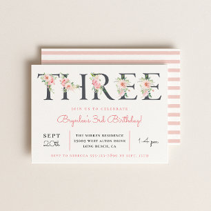 Blush Floral THREE   3rd Birthday Party Invitation