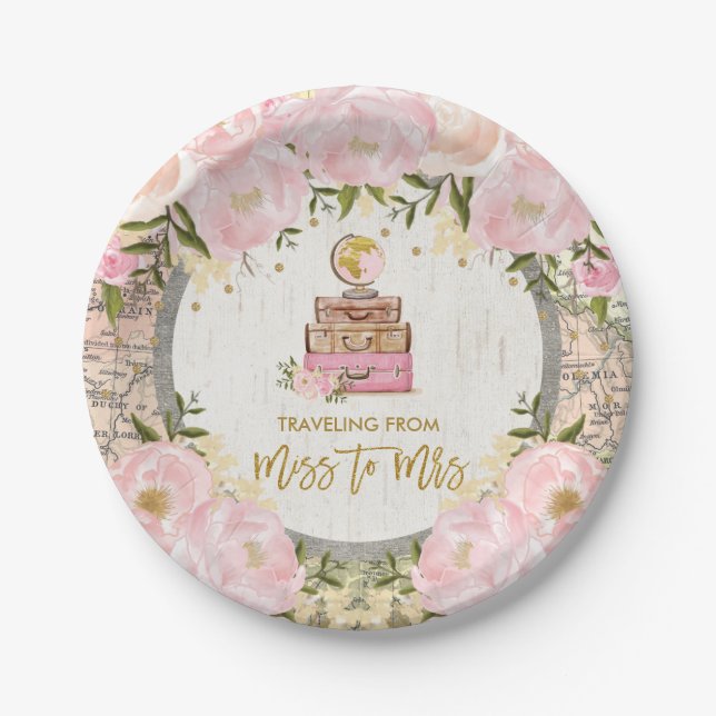 Blush Floral Travelling from Miss to Mrs Shower Paper Plate (Front)