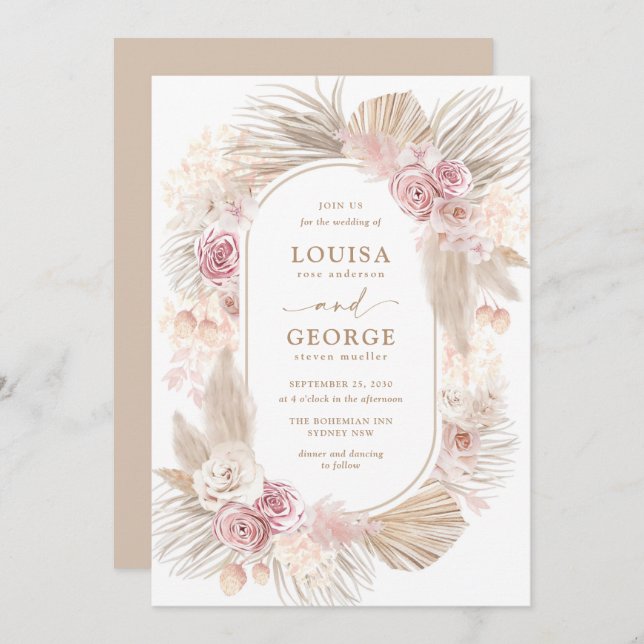 Blush Floral Tropical Boho Pampas Grass Wedding Invitation (Front/Back)