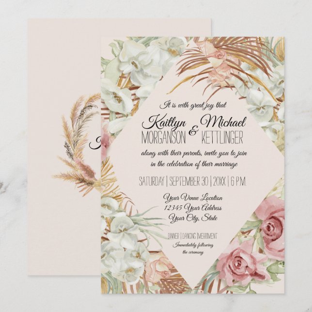 Blush Floral Tropical Palm Pampas Grass Greenery Invitation (Front/Back)
