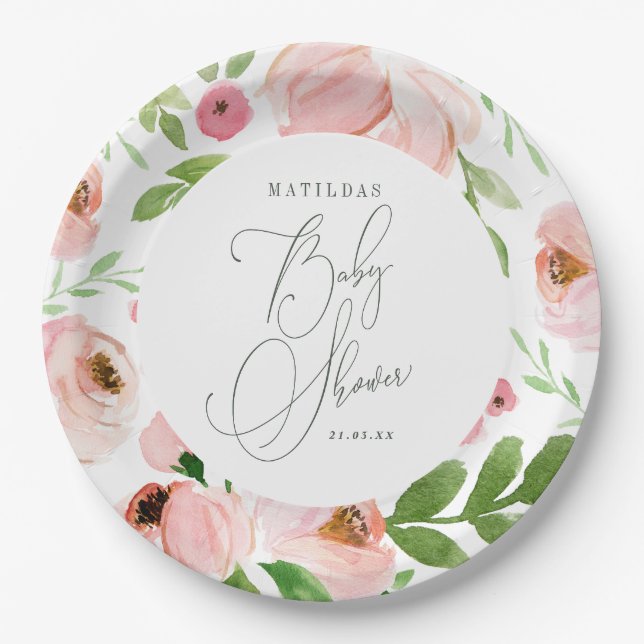 Blush floral watercolor Baby shower Paper Plate (Front)
