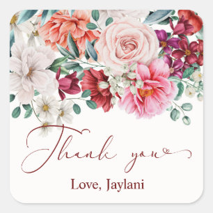 Blush Floral Watercolor Boho Peony Thank You Square Sticker