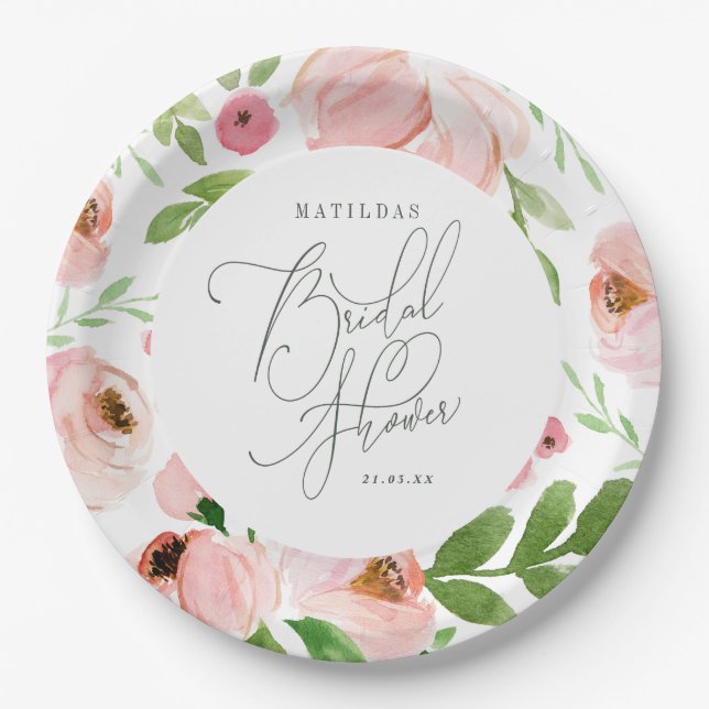 Blush floral watercolor Bridal shower Paper Plate (Front)
