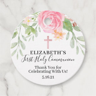 Blush Floral Watercolor First Communion Favour Tag