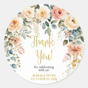 Blush Floral Watercolor Flat Thank You Classic Round Sticker