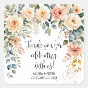 Blush Floral Watercolor Flat Thank You  Square Sticker
