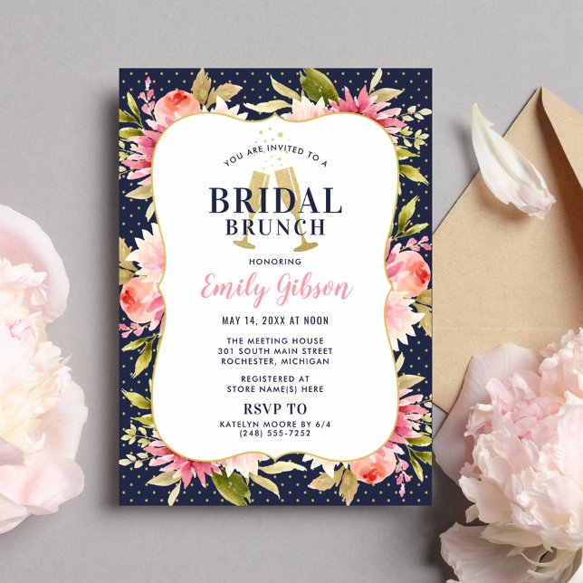 Blush Floral Watercolor Navy Wedding Bridal Brunch Invitation (Creator Uploaded)