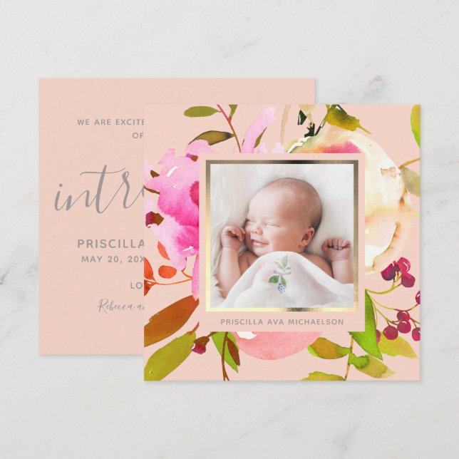 Blush Floral Watercolor Photo Birth Announcement (Front/Back)