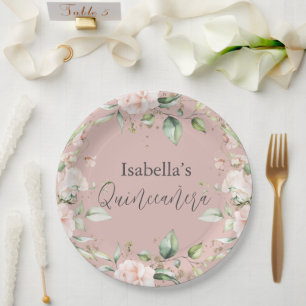 Blush Floral Watercolor Quinceañera Paper Plate