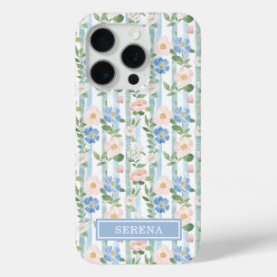Blush Floral Watercolor Striped Personalized iPhone 15 Pro Case