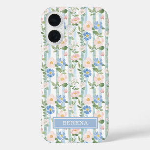 Blush Floral Watercolor Striped Personalized iPhone 16 Case