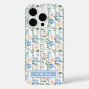 Blush Floral Watercolor Striped Personalized iPhone 16 Pro Case