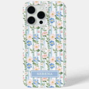 Blush Floral Watercolor Striped Personalized iPhone 15 Pro Max Case