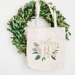 Blush Floral Watercolor Wedding Bridesmaid Initial Tote Bag<br><div class="desc">Stylish design features a bouquet of watercolor painted roses and ranunculus flowers. Personalize with custom monogram name / initial or other text. Soft colour scheme includes shades of blush pink,  peach,  grey,  cream,  green,  and gold.</div>