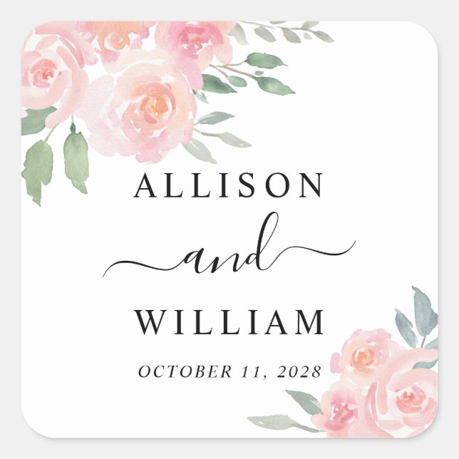 Blush Floral Watercolor Wedding Square Sticker (Front)