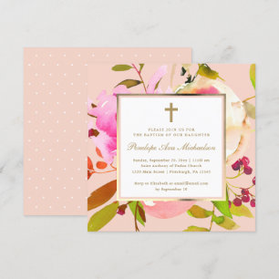Blush Floral Watercolor with Cross Baptism Invitation