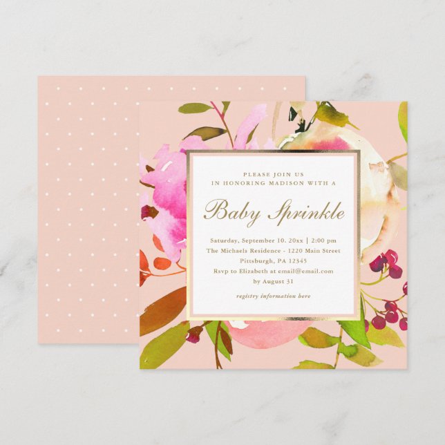 Blush Floral Watercolor with Dots Baby Sprinkle Invitation (Front/Back)