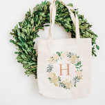 Blush Floral Watercolor Wreath Bridesmaid Initial Tote Bag<br><div class="desc">Stylish floral monogram design features a wreath of watercolor painted roses and ranunculus flowers. Personalize with custom monogram initial in rose gold. Soft colour scheme includes shades of blush pink,  peach,  grey,  cream,  green,  and gold.</div>