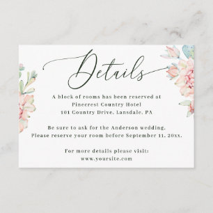 Blush Floral Wedding Details   Elegant Hotel Block Enclosure Card