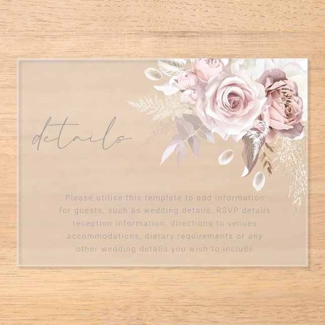 Blush Floral Wedding Details Enclosure Card Acrylic Invitations (Front)